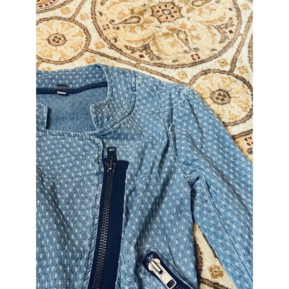 Free People women's blue jean Moto Denim Jacket Asymmetrical Zip Peplum 0/XS EUC - Picture 3 of 7